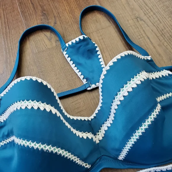 Shade & Shore Two Piece Bikini Set 36D Top Medium Bottoms Teal Crochet - Picture 2 of 7